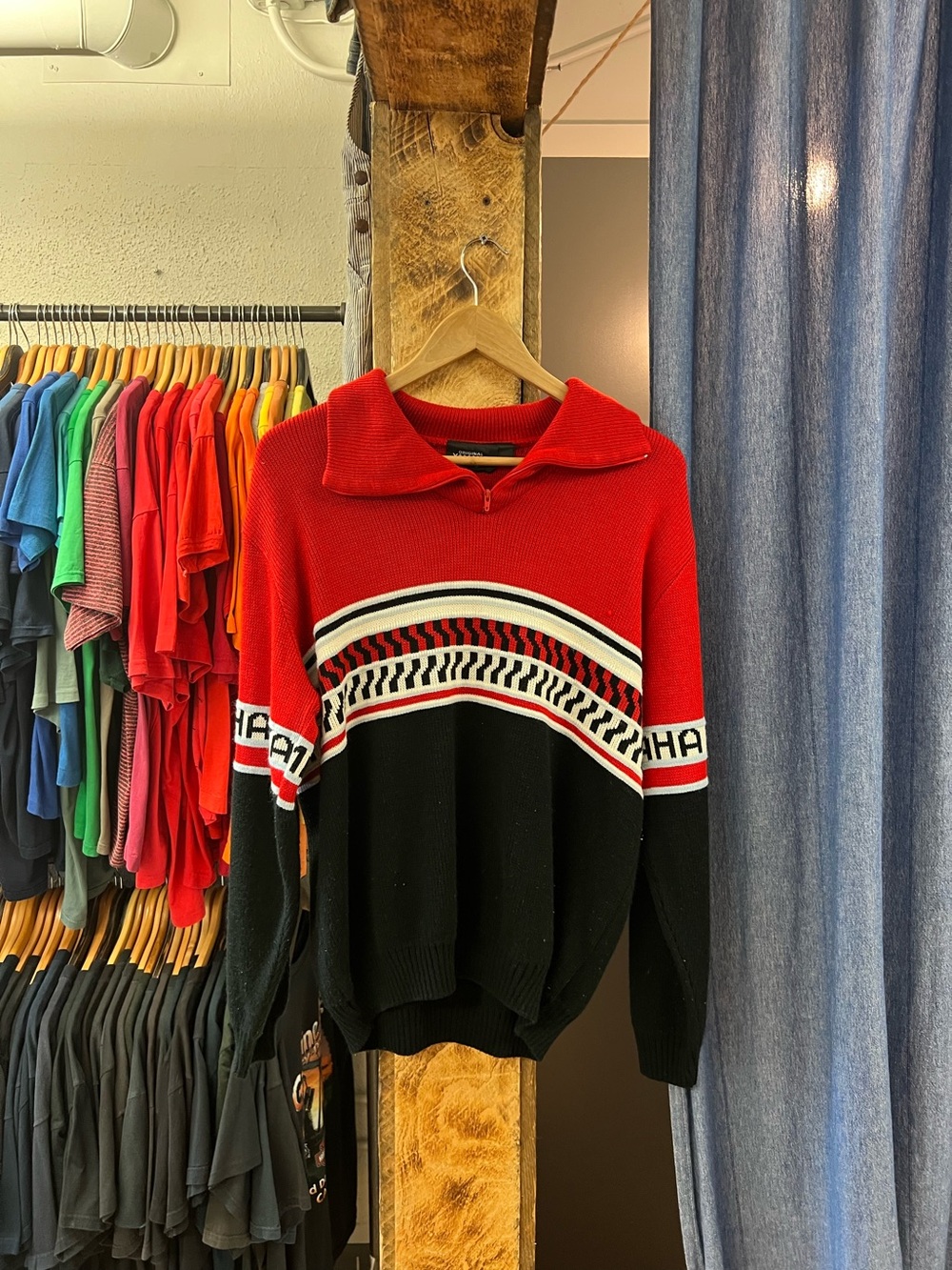 Vintage Original Yamaha Red And Black Patterned Knit Sweater
